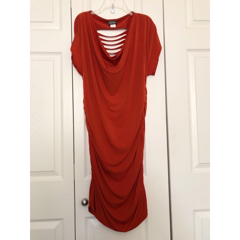 Dots Orange Short Sleeve Dress with Slits in Back and Ruching on Sides